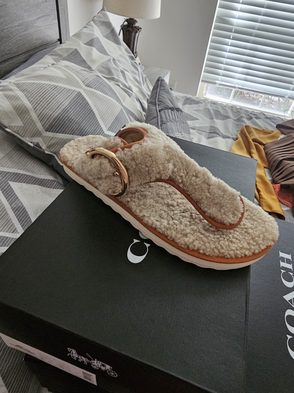 Coach Cream Sherpa Slide with Gold Buckle and Tan Trim